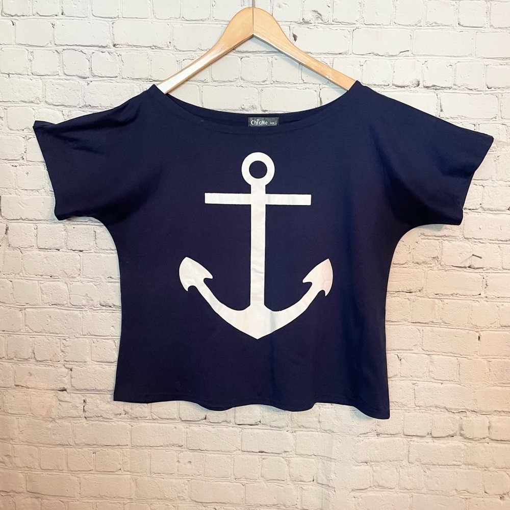 Navy Blue and White Anchor Beach Nautical Shirt Size: Large